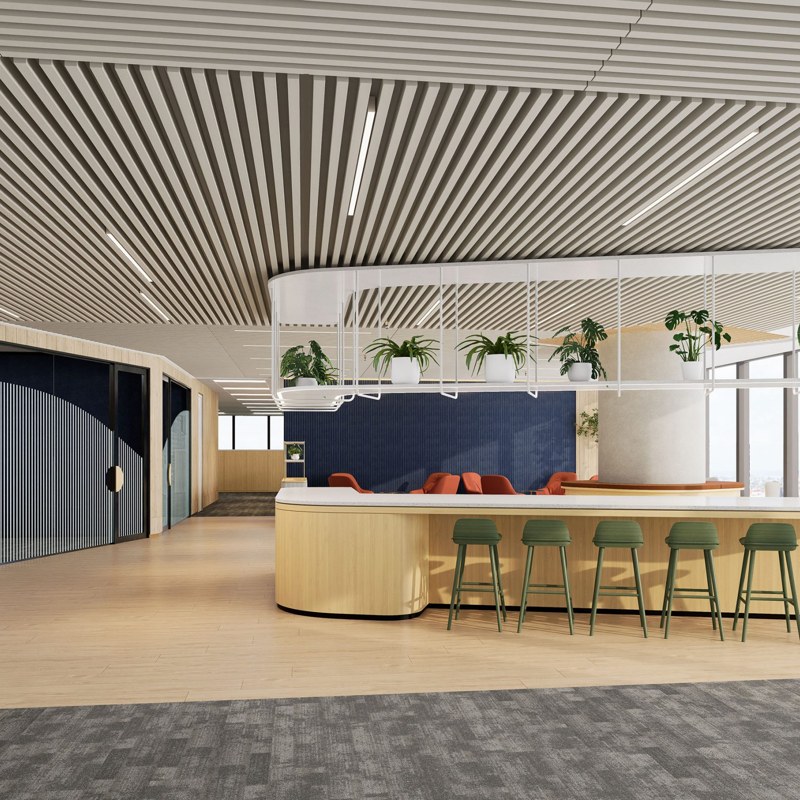 SoftenUp frame ceiling system with timber-look slats