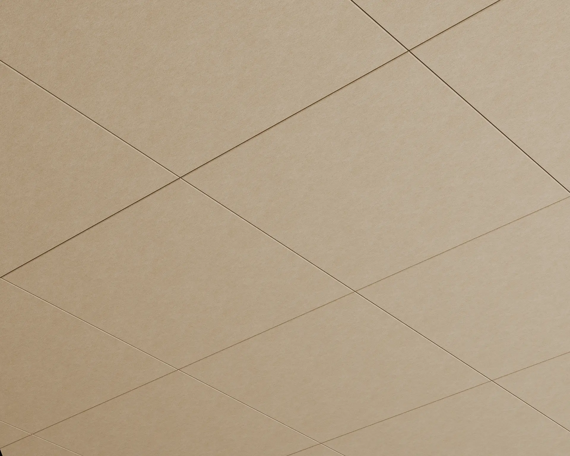 Close-up of taupe felt Cover ceiling panels with concealed grid in a diagonal layout
