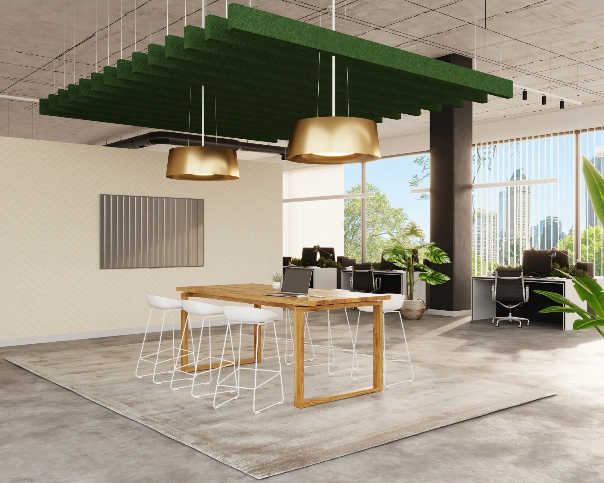 Green Truss acoustic ceiling baffles suspended in stepped tiers above an open office with brass pendant lights