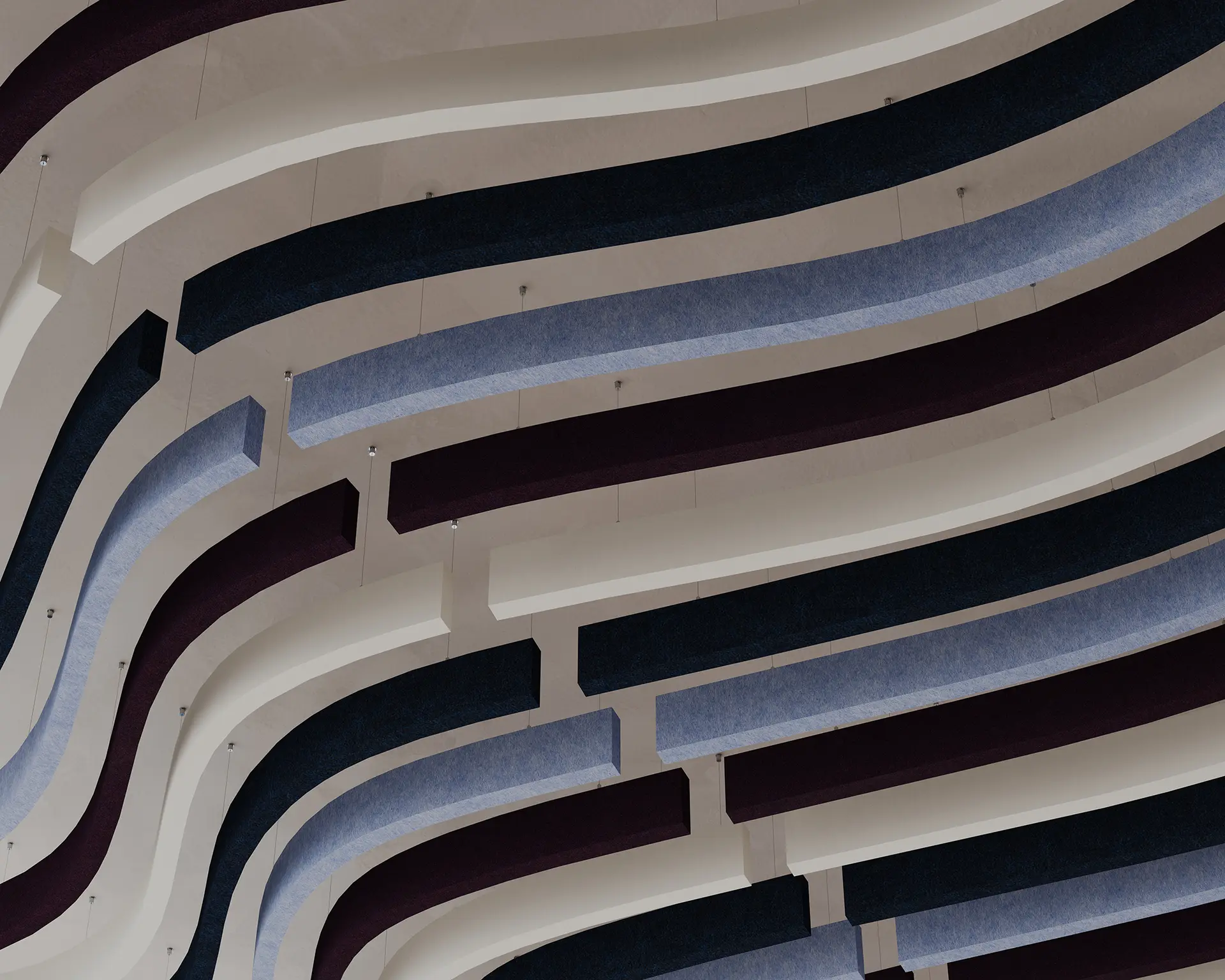 Sculpted Versiform acoustic baffles in navy, burgundy, and light blue felt in flowing curved rows
