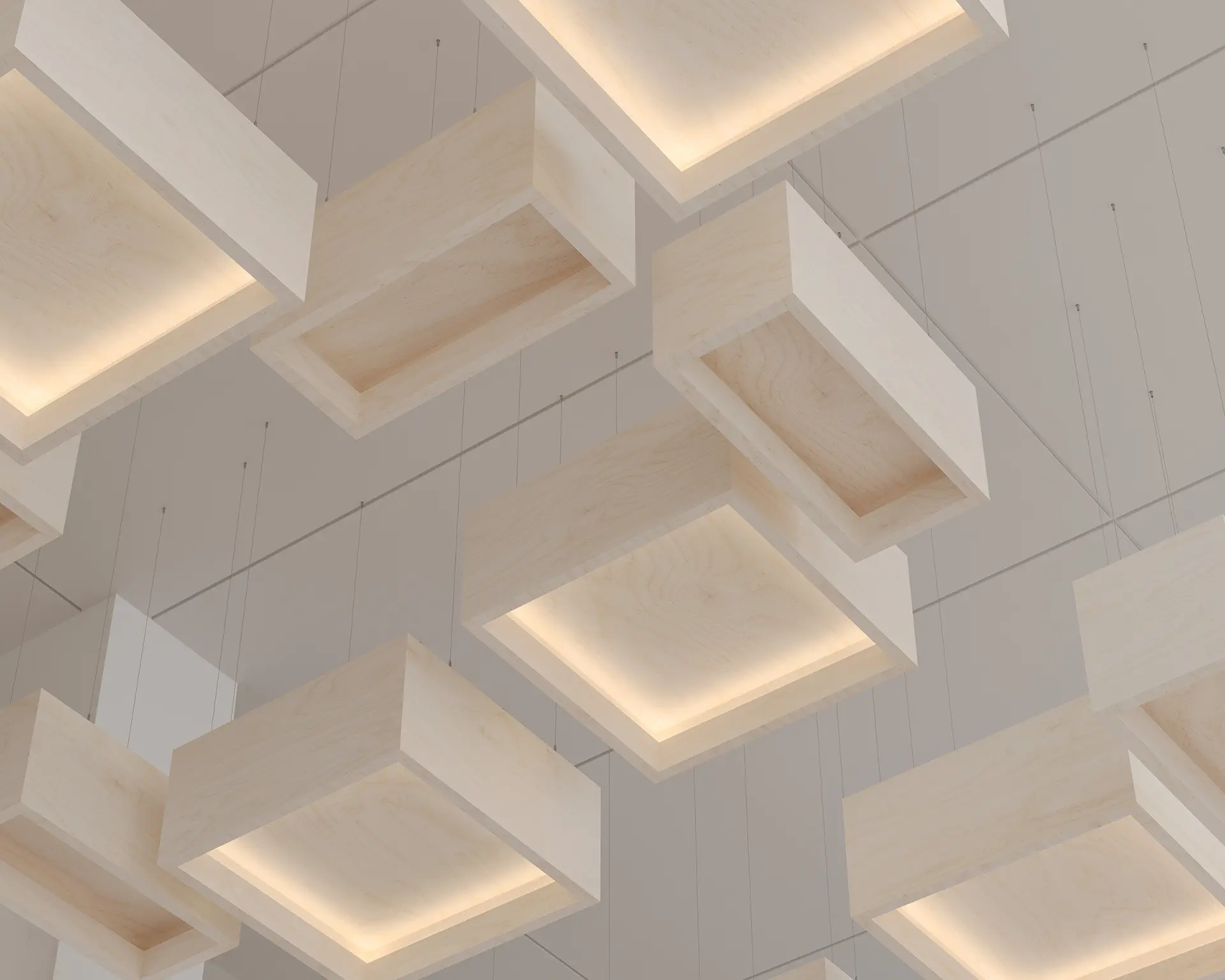 Blox backlit square timber ceiling clouds suspended in a grid