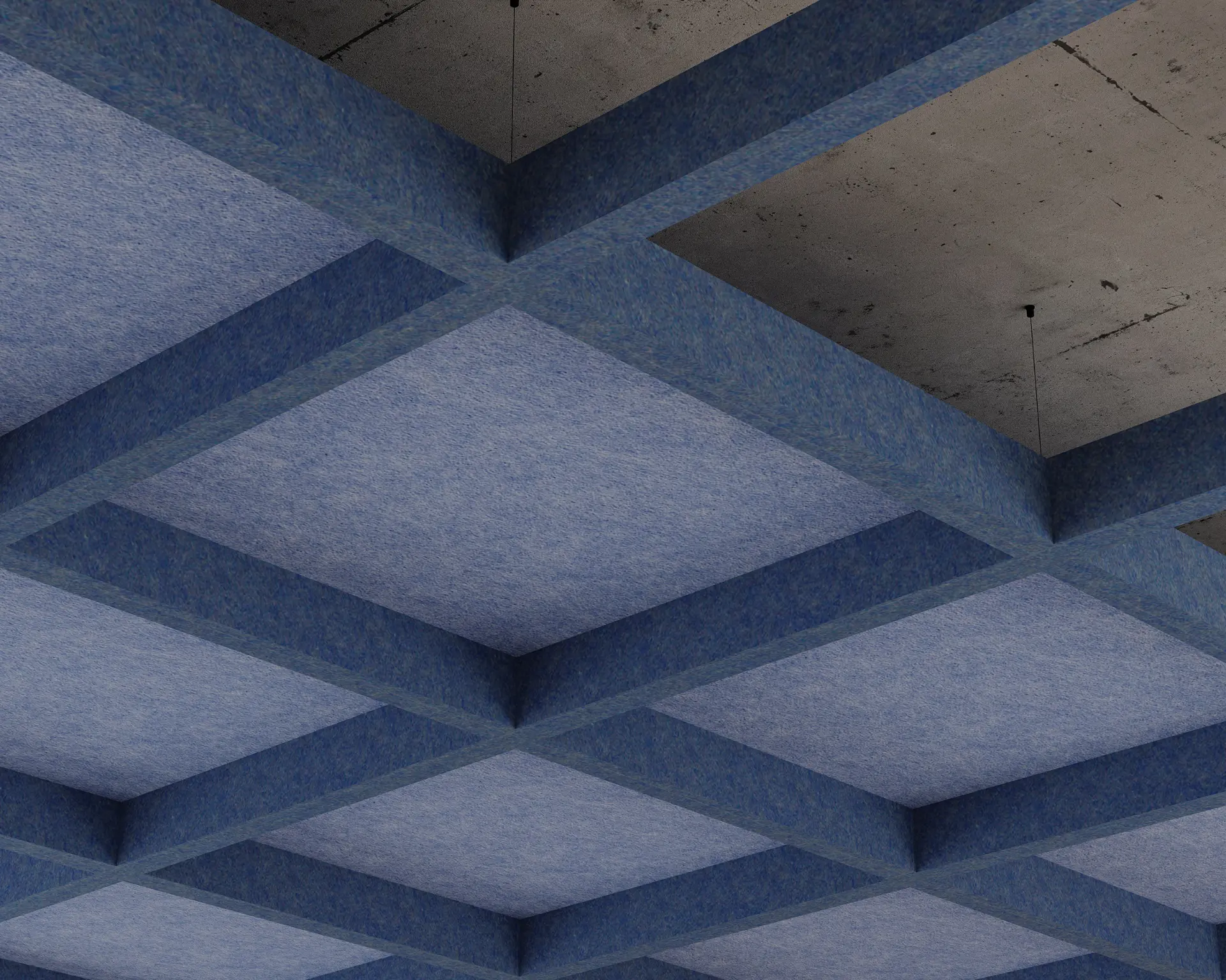 Blue felt Framework ceiling grid suspended below a concrete deck