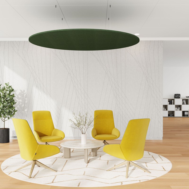 Circle acoustic ceiling cloud in green above lounge seating