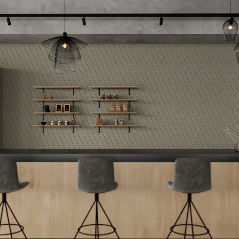 Fracture Diagonal acoustic wall panels in a green cafe setting