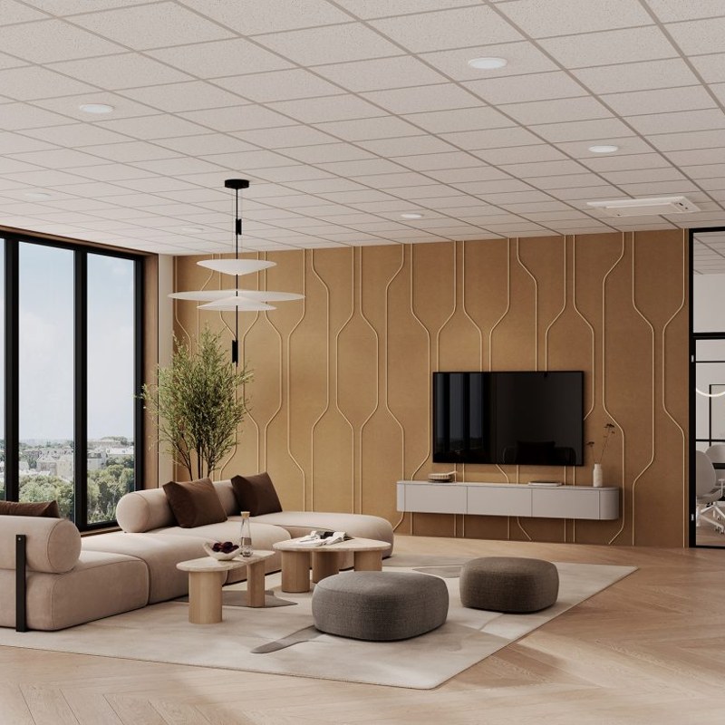 Spine Pipeline B acoustic wall panels in a warm timber lounge