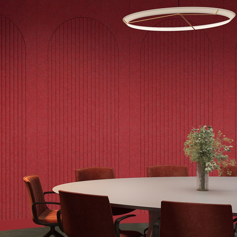 Fracture Arch acoustic wall panels in a deep red meeting room