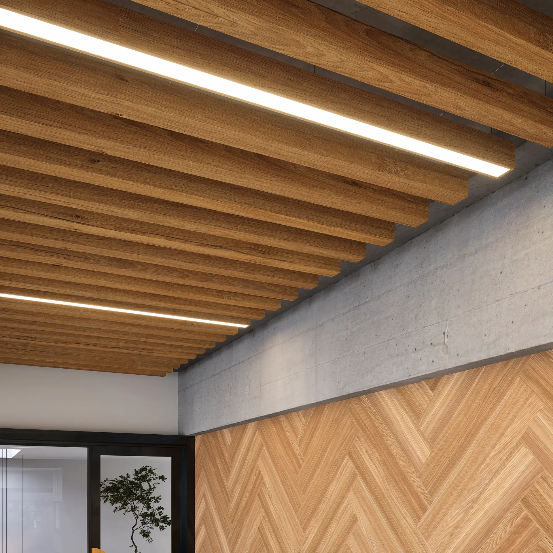 Truss LED timber ceiling baffles with integrated linear lighting