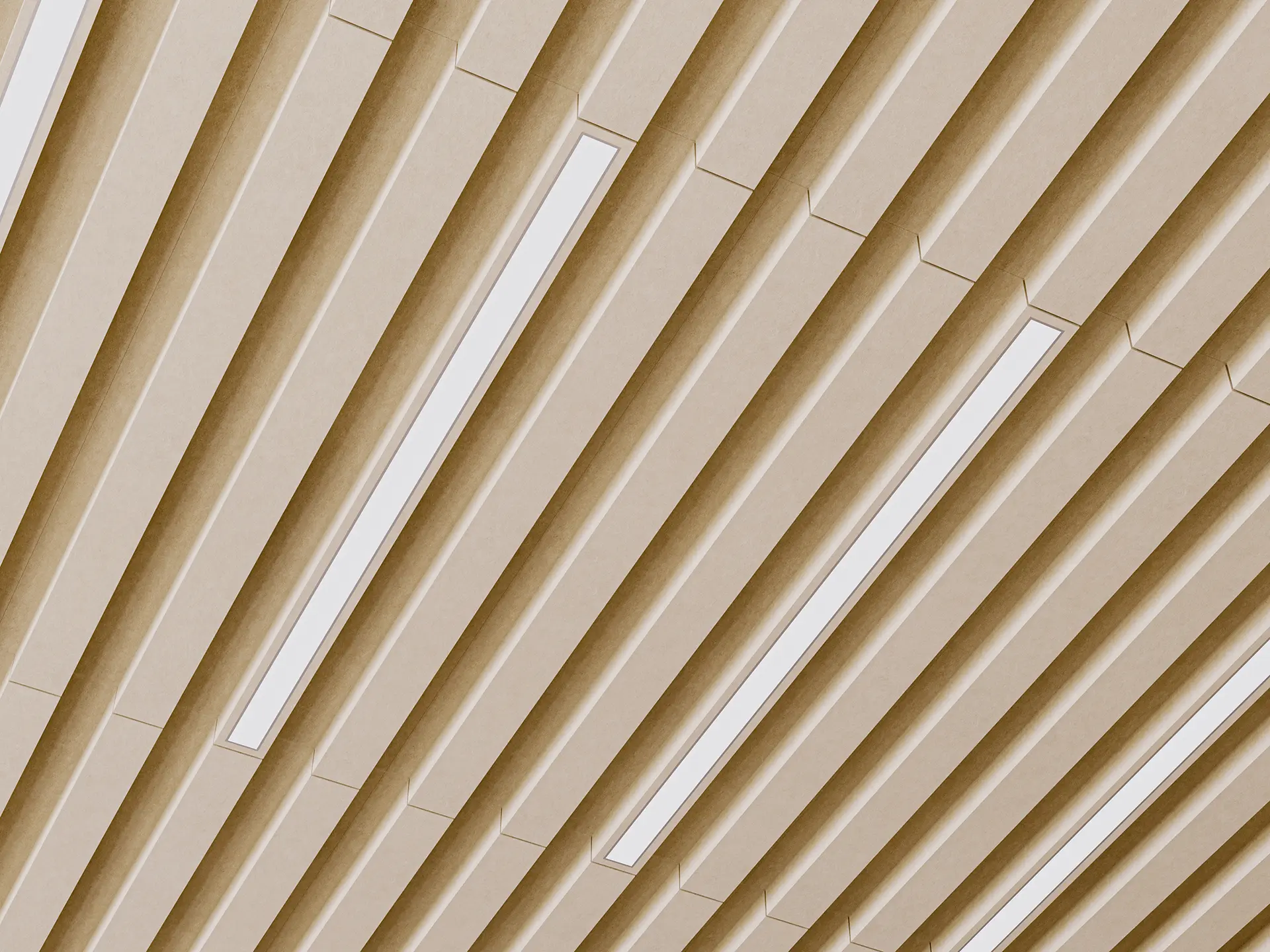 SoftenUp LED ribbed felt ceiling with integrated linear light fittings