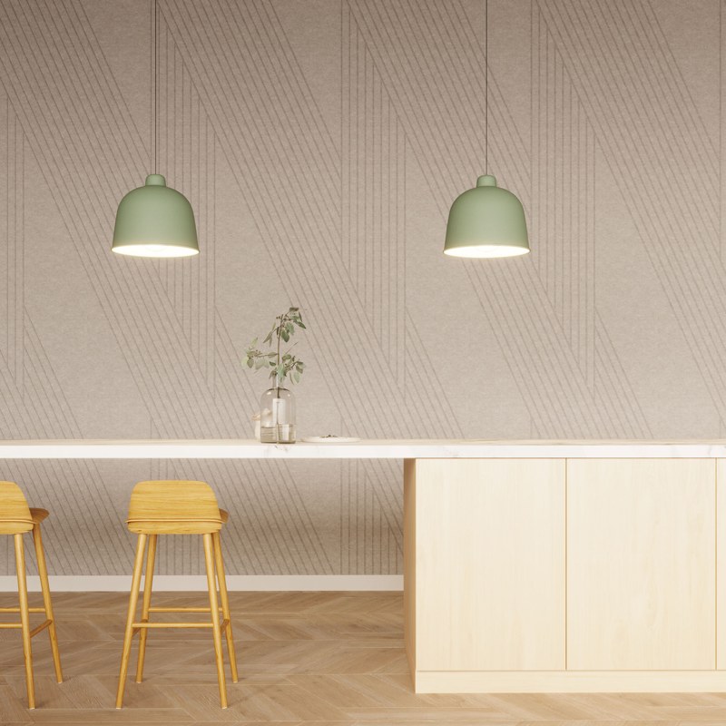 Fracture Intersect acoustic wall panels behind a kitchen counter