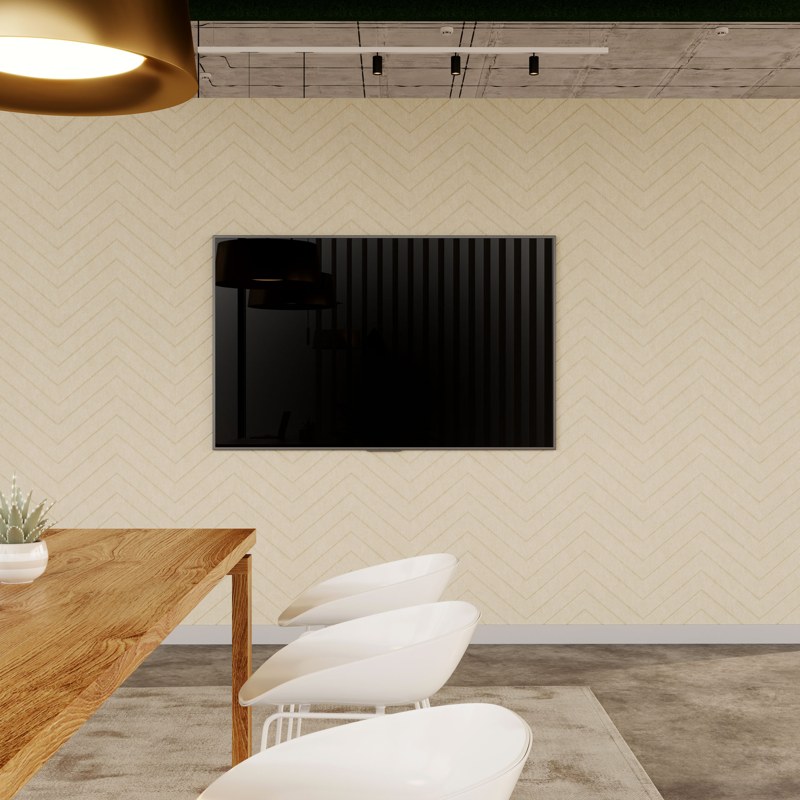 Fracture Chevron acoustic wall panels behind a display screen