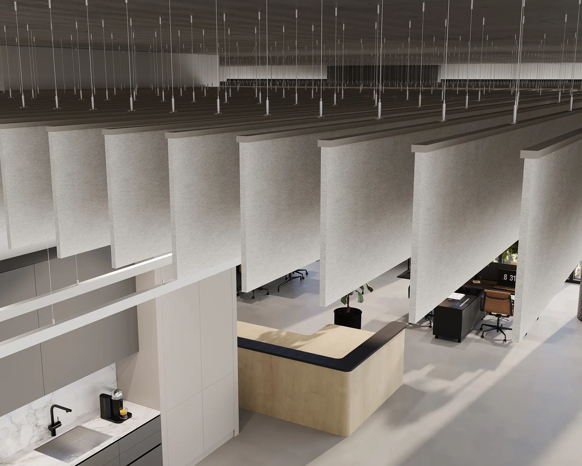 Office with rows of white linear acoustic ceiling baffles suspended on cables