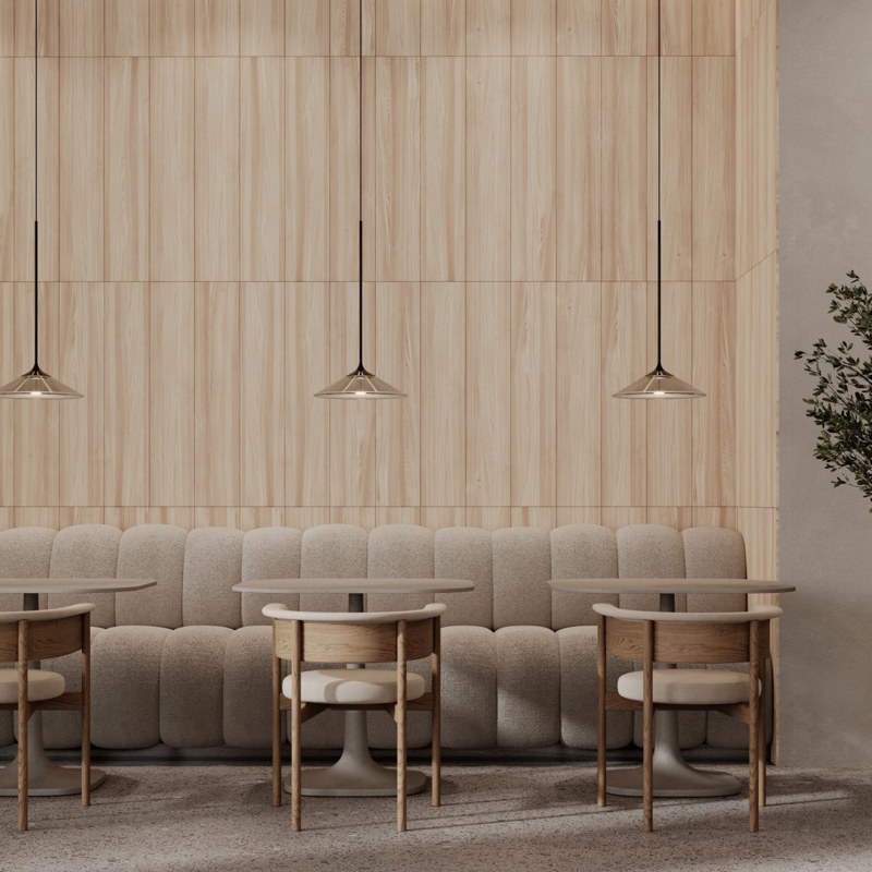 WoodBeQuiet acoustic planks lining a cafe wall