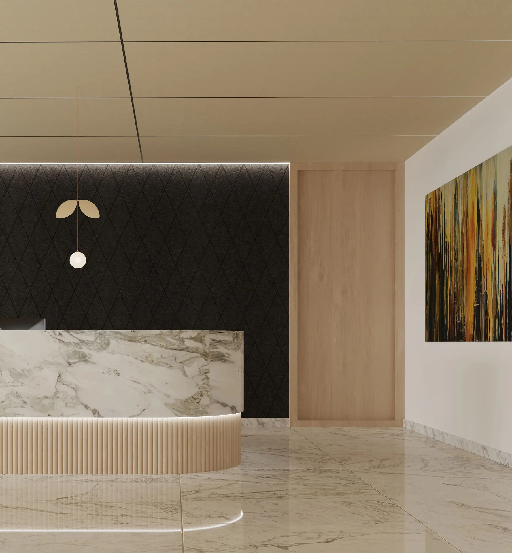 Reception with solid acoustic ceiling panels and a dark felt accent wall