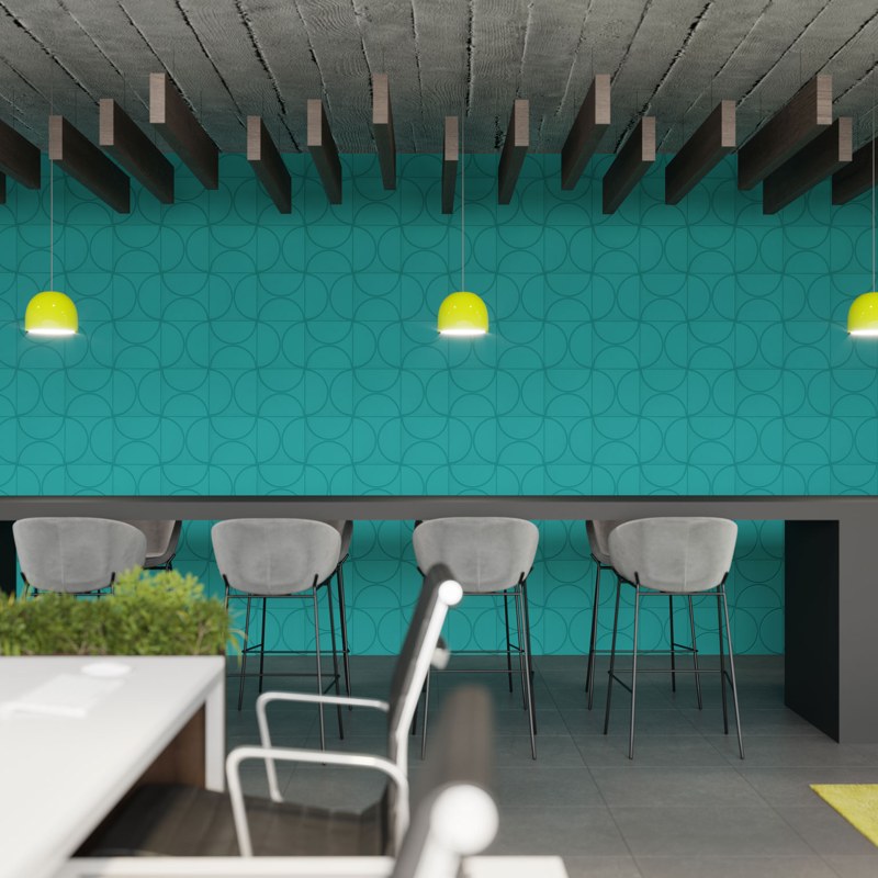 Fracture Deco acoustic wall tiles in teal above a bar counter