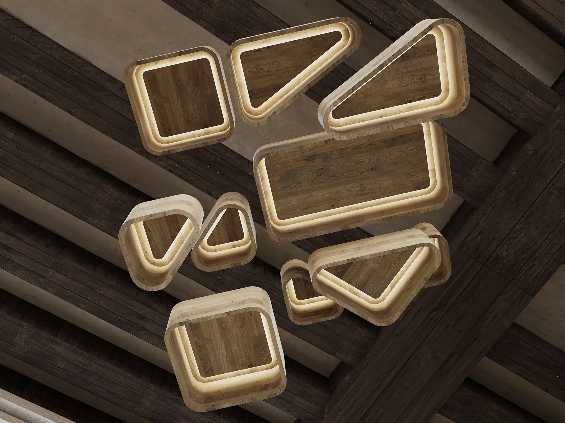 Skipping Stones illuminated woodgrain ceiling clouds in varied shapes