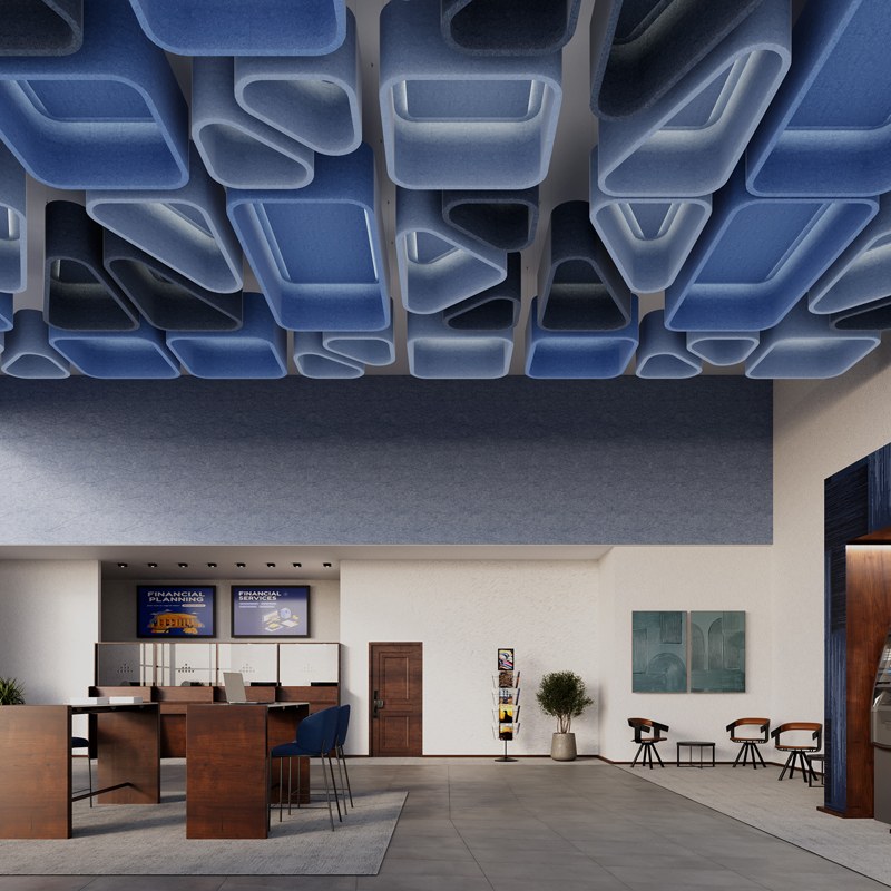 Skipping Stones acoustic ceiling clouds in blue tones